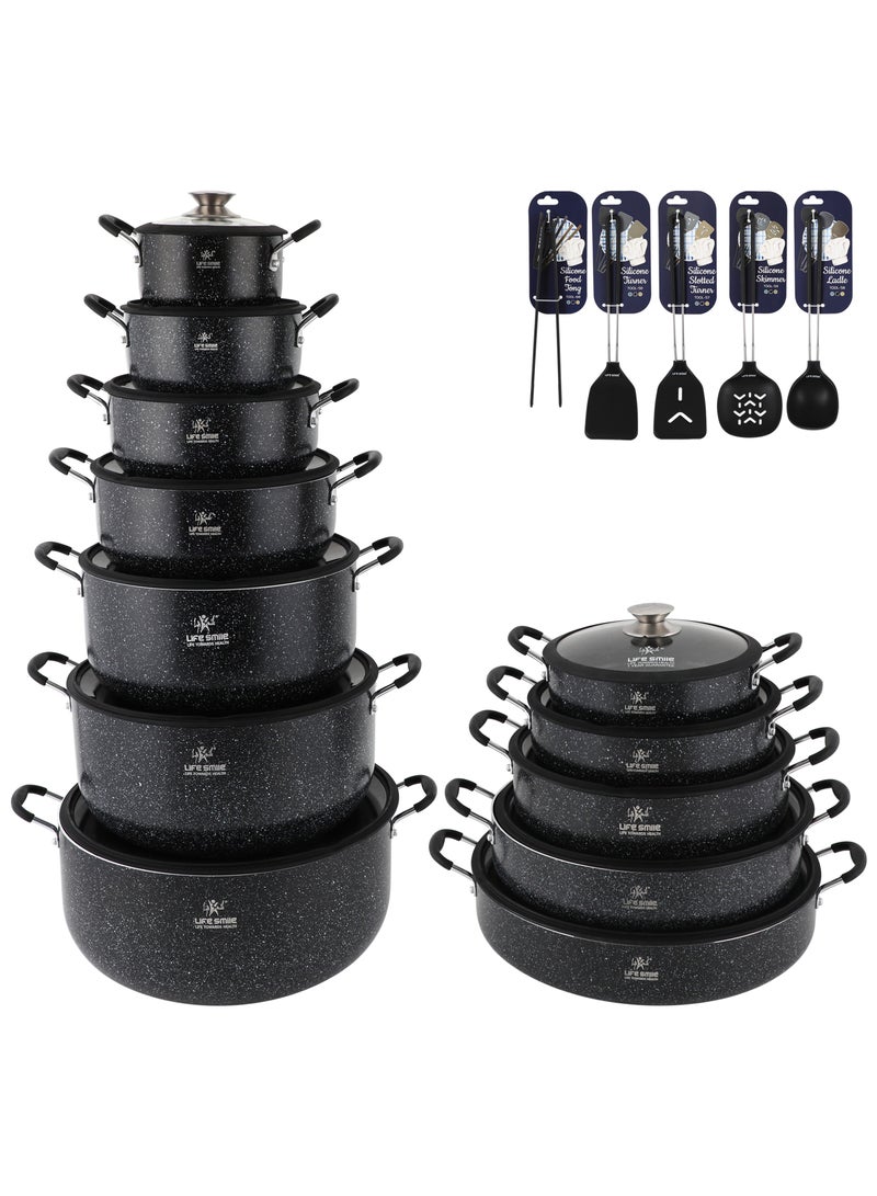 Life Smile Nonstick Cookware Set 29 pcs Cookwares- Pots and Pans set-Granite Coating Cooking Pots set Includes 16/20/24/28/32/36/40cm Soup pot with Lid,24/28/32/36/40cm Shallow Pot with Lid And 5pcs Silicone Tools - Image 1